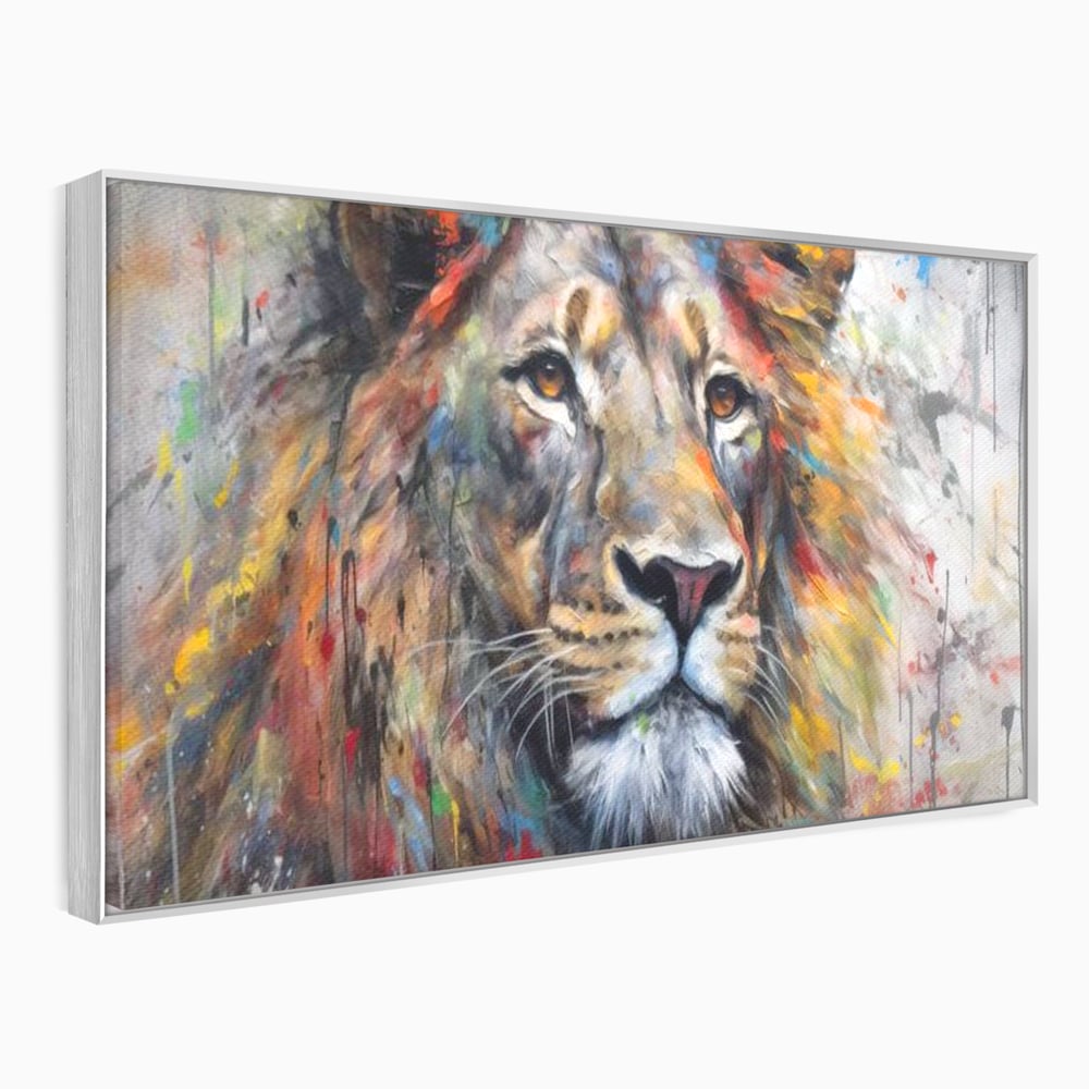 Tablou canvas cu tablou canvas cu leu colorat, in rama de aluminiu argintiu